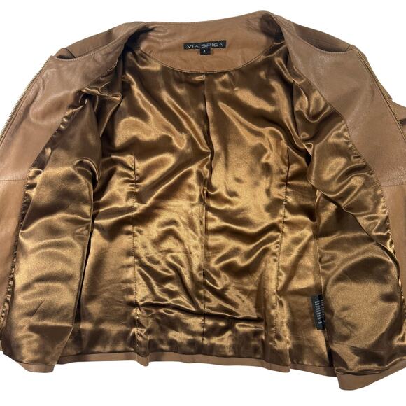 Via Spiga 100% Lamb Leather Jacket Women’s L Brown Gold Zip Moto Style - Picture 2 of 8